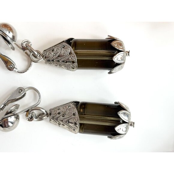 Silver Toned Silver Cylinder Rhinestone Vintage Clip On Dangle Earrings - Picture 10 of 10